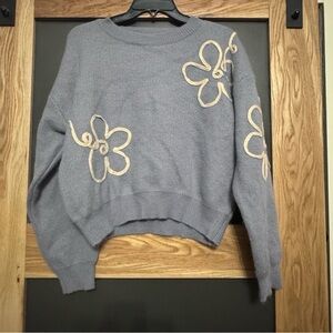 Debut blue Knit Sweater with Floral Embroidery Small